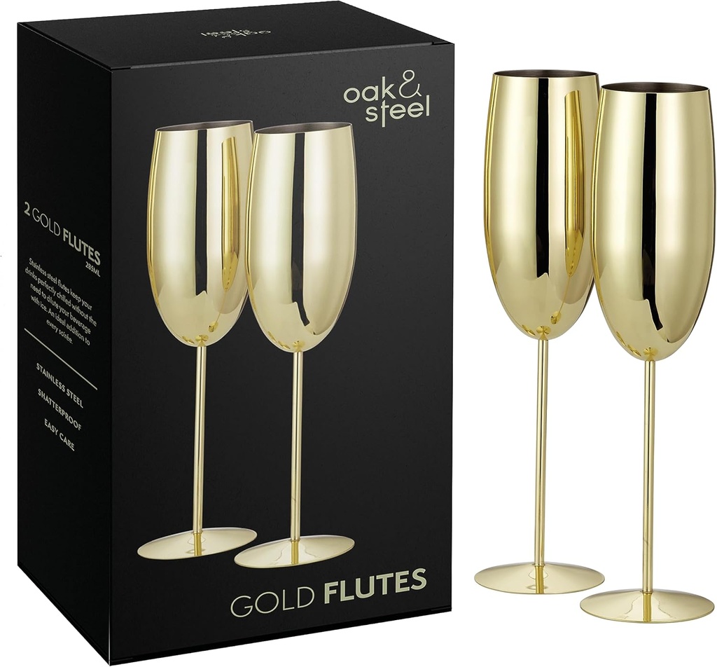 Oak & Steel - Set of 2 Gold Champagne Flutes (10 oz) Stainless Steel Stemmed Champagne Glasses for Mimosa, Prosecco, Toasting, Gift for Bride & Groom, Wedding, Christmas, Valentines, Anniversary
