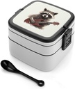 Rrtsmsgh Funny Raccoon Bento Box with Spoon, 2-layer Stackable Lunch Box Leak Proof with Invisible Handle, Insulated Food Storage for Office, Picnic & Travel