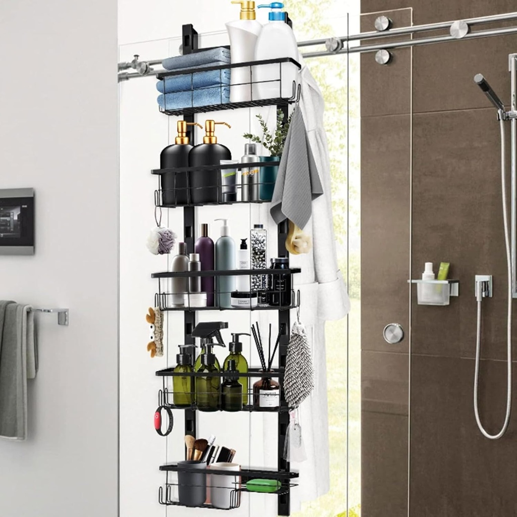 5-Tier Over the Door Pantry Organizer, Pantry Door Organizer Shelves, Kitchen Organizers and Storage, Hanging Basket Wall Spice Rack Seasoning Shelves, Laundry Room Bathroom Accessories, Black