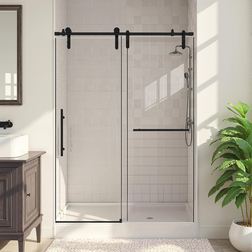Shower Door 50-54" W x 76" H Frameless Glass Shower Doors for Walk in Shower Door Sliding Bathroom Door With Towel Rail and Auxiliary Handle, 5/16" (8mm) Clear SGCC Tempered Glass, Matte Black