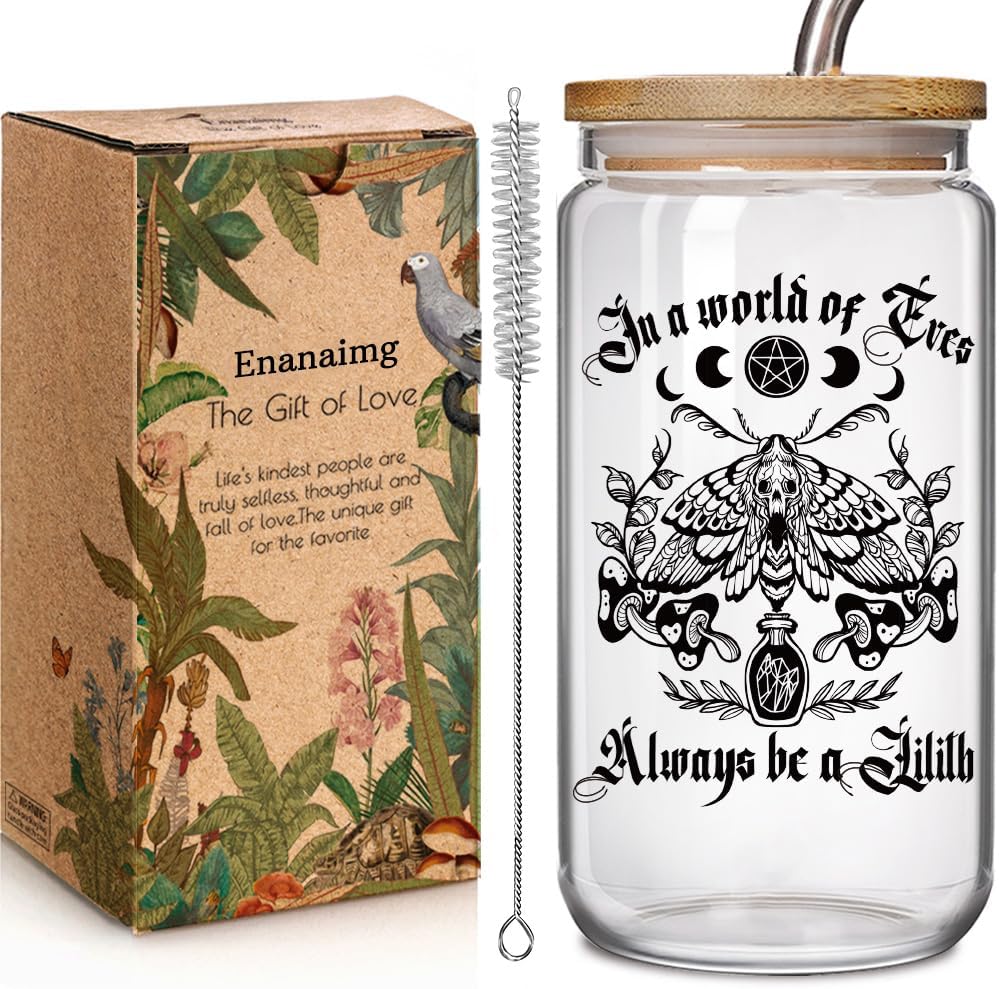 Magic Pagan Goddess Moth 16oz Glass Cup Gift for Her Women - In a World Full of Eves, Always Be a Lilith, Wiccan Occult Magic Halloween Iced Coffee with Lids and Straws Gifts for Friend Gothic Girls