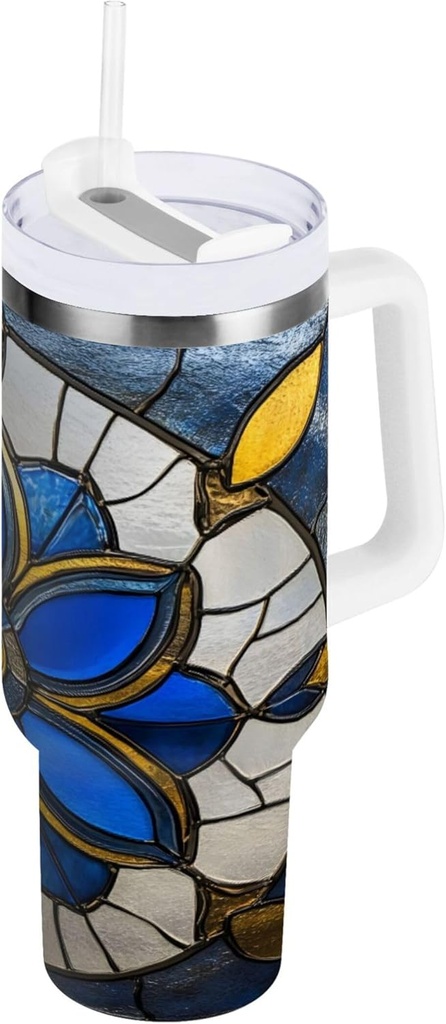 Qilmy 30 oz Stained Glass Tumbler with Handle and Straw Lid for Water Iced Tea or Coffee, Stainless Steel Insulated Leak-proof Travel Coffee Mug Cup Gifts
