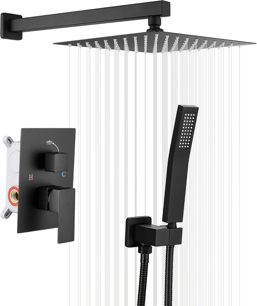 GGStudy Black Shower Faucet Shower Trim Kit with Rough-in Valve Shower Set Bath Rainfall Shower Faucet System 8 inch Square Stainless Steel Metal Shower Heads with Handheld Spray