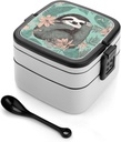 Bento Box Adult Lunch Box,Stackable 2 Compartment Lunch Boxes Containers,Animal Sloth Mint Green Printed Cute Bento Lunchbox with Portable Handles Utensils,with Food-Safe Materials BPA-Free,for Women