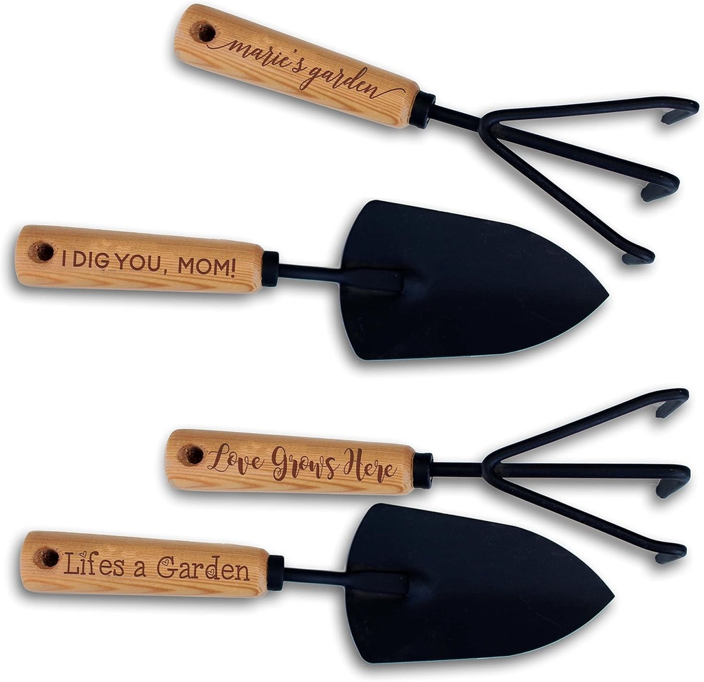 Etchey Personalized Custom Garden Shovel Trowel Tools Set with Engraved Wood Handle