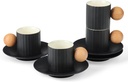 Fanquare 2.5OZ Black Ceramic Coffee Set of 4, Cute Round Handle Porcelain Espresso Cups With Saucers, Modern Style for Cappuccino Latte, Demitasse Mugs for Tea and Adults