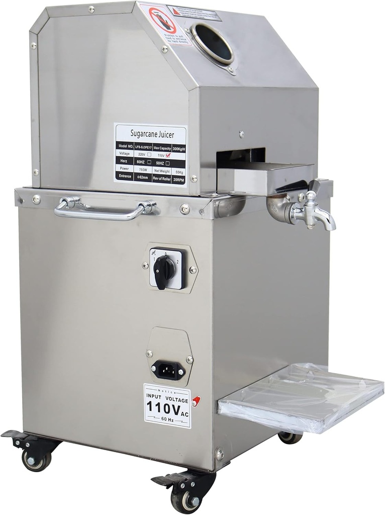 TECHTONGDA Commercial Electric Sugar Cane Juicer, Sugarcane Press, 3 Rollers 304 Stainless Steel Sugarcane Juicing Extractor, Sweet Sorghum Press Machine with Water Injection Cleaning Hole, 110V 750W