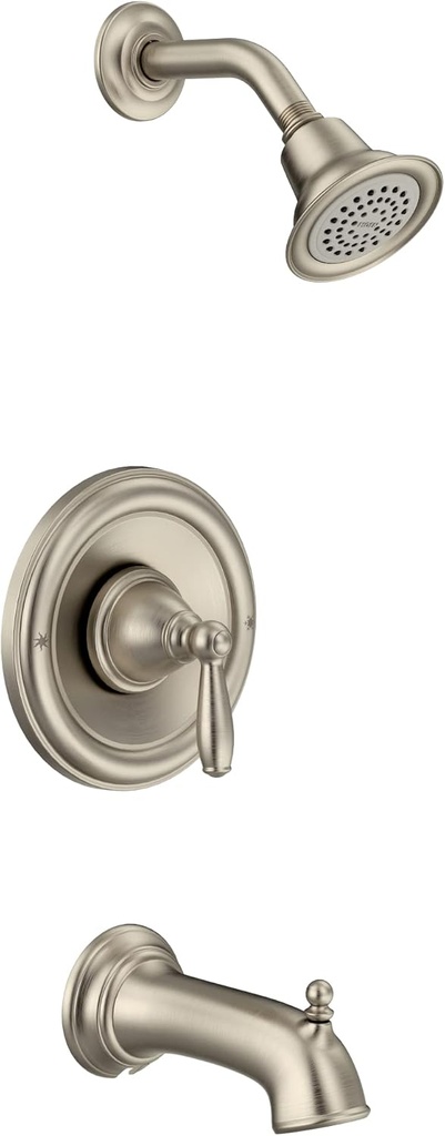 Moen Brantford Brushed Nickel Posi-Temp Pressure Balancing Eco-Performance High-Pressure Tub and Shower Trim Kit with Shower Head, Arm, Lever Handle, Flange, and Tub Spout (Valve Required), T2153EPBN