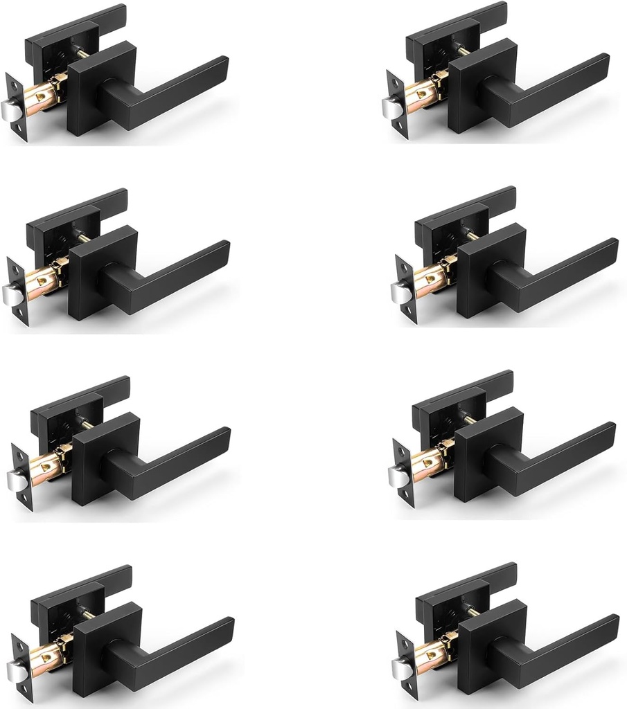 Probrico Interior Black Door Handle, Heavy Duty, Flat Square Passage Door Handles, Keyless Door Levers Lockset for Closet and Hallway (8 Pack, Modern)