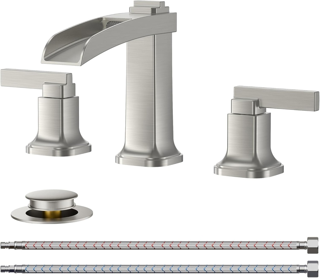 FORIOUS Brass Bathroom Faucets 3 Hole, Modern Waterfall Widespread 8 Inch Brushed Nickel Bathroom Sink Faucet with Metal Pop-up Drain and Pre-Assembled Hose for Vanity, Restroom, Bathtub