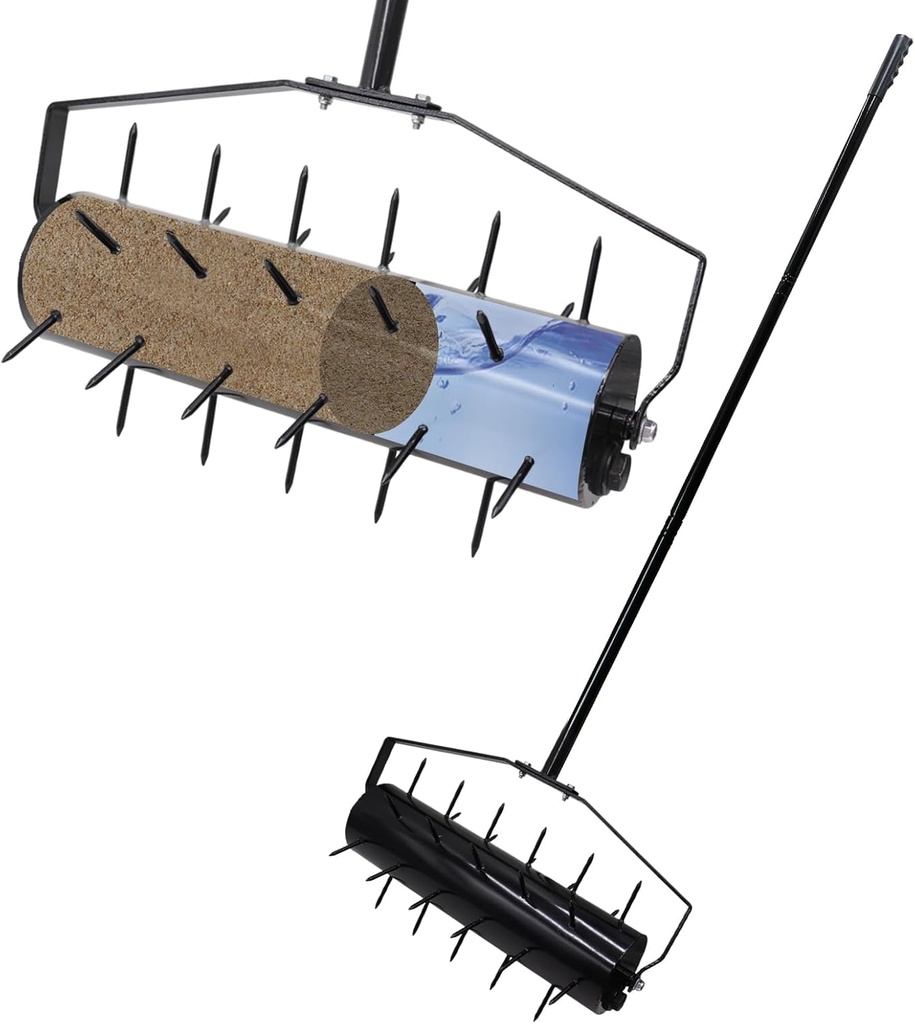 18 Inch Heavy Duty Rolling Lawn Aerator, Adjustable Weight Manual Roller Lawn Aerator Tool with Pre-Welded Spike, Hand Roller Soil Aerator for Garden Yard Lawn Grass Care with 49 Inch Steel Handle