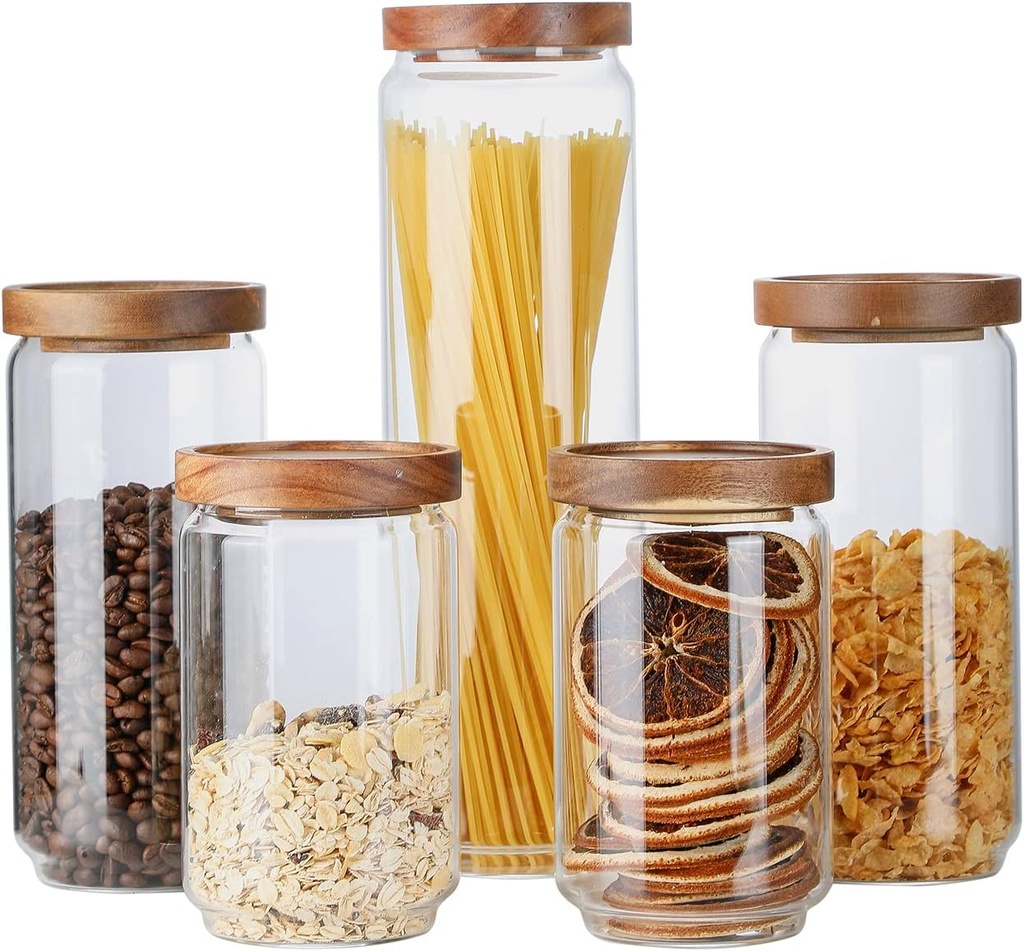 Glass Storage Jars with Wood Lid [Set of 5], Airtight Food Containers Stackable for Coffee Beans| Nuts| Pasta