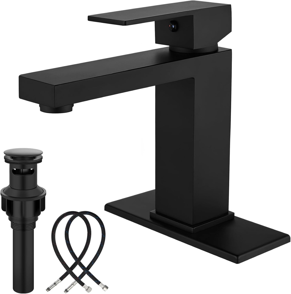 Midanya Bathroom Faucet 1 Hole, Single Handle Stainless Steel Bathroom Sink Faucet, Modern Vanity Faucets with Deck Plate,Water Supply Hoses and Pop Up Drain,Matte Black