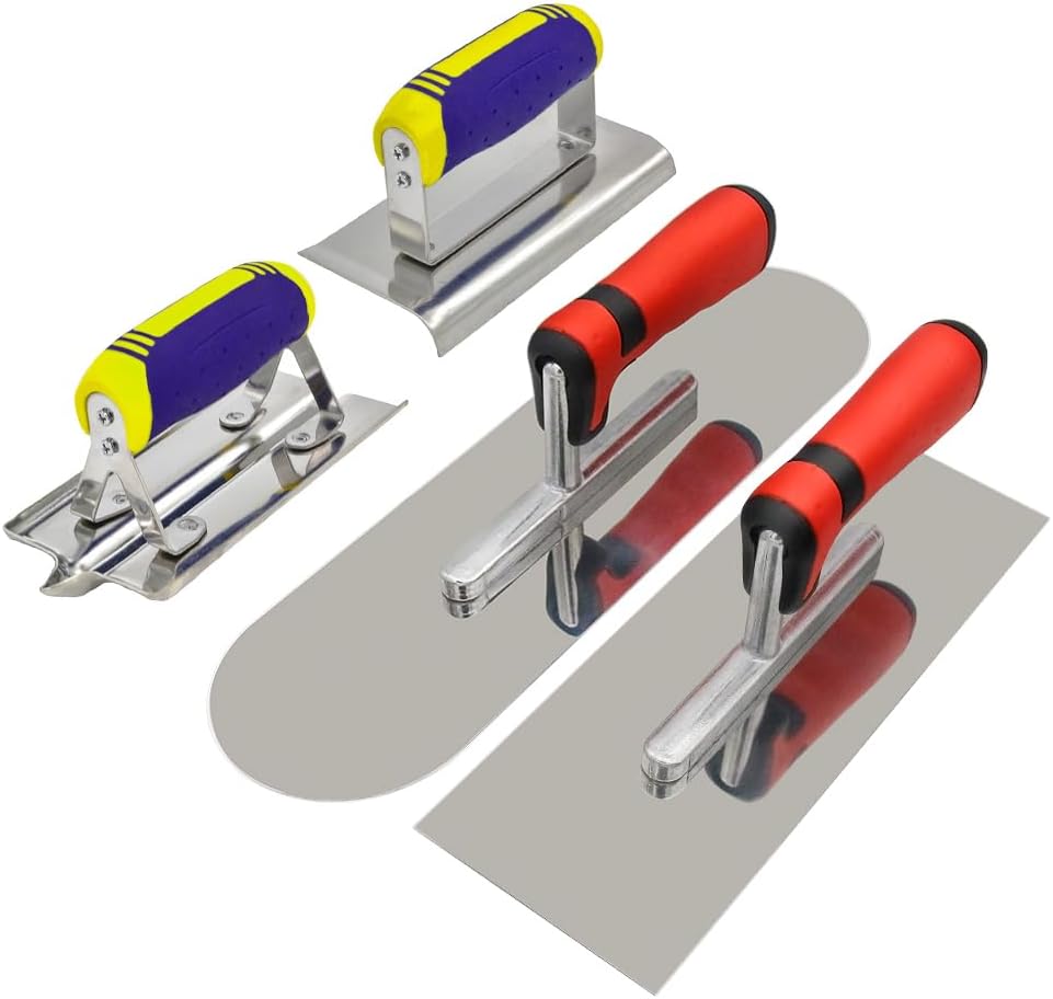 Concrete Tools Set Stainless Steel Flat Finishing Trowel and Pool Trowel Plus Concrete Edger and Groover Stucco Cement Kit Masonry Construction Hand kit