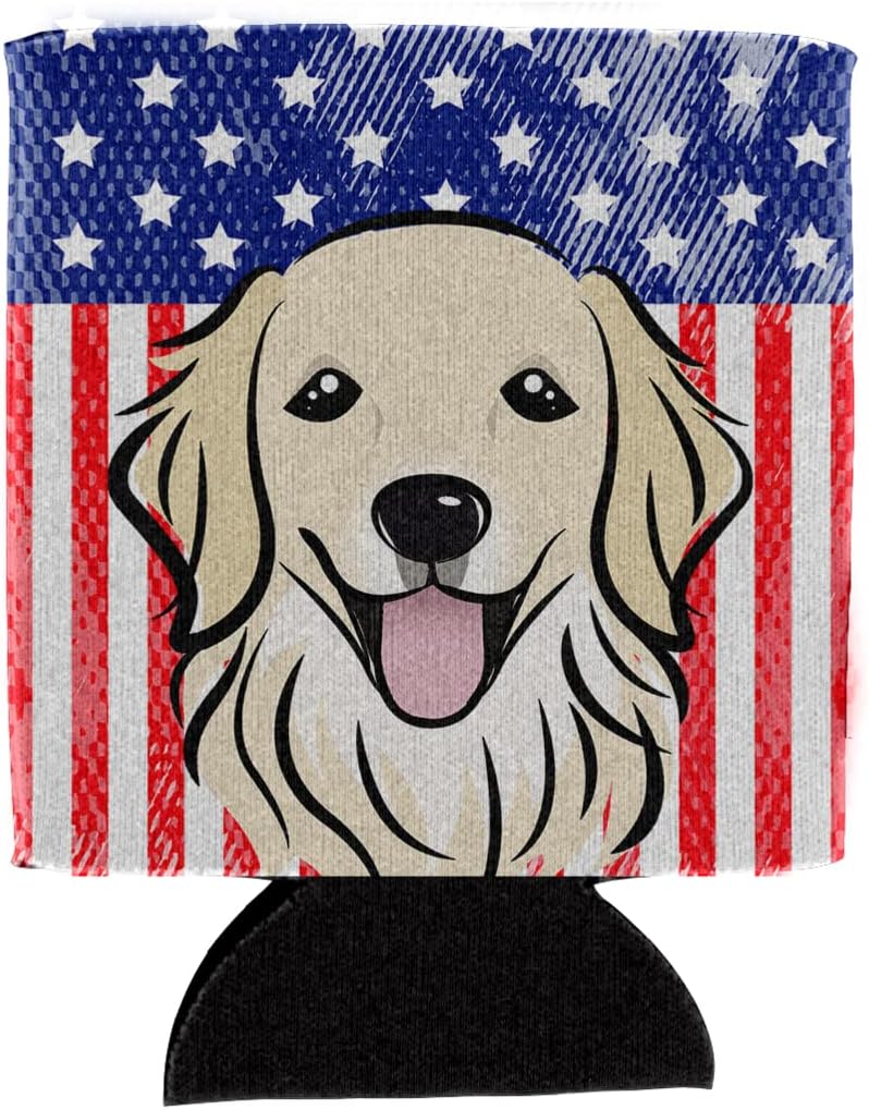 Caroline's Treasures BB2135CC American Flag and Golden Retriever Can or Bottle Hugger Cooler Washable Drink Sleeve Collapsible Beverage Insulated Holder, Can Hugger, Multicolor