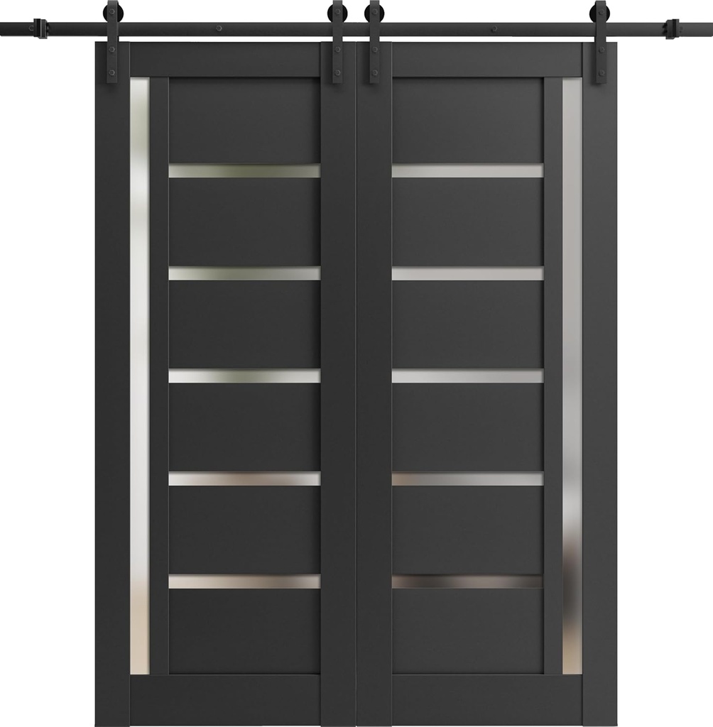 SARTODOORS Sturdy Double Barn Door with | Quadro 4088 Matte Black with Frosted Glass | 13FT Rail Hangers Heavy Set | Solid Panel Interior Doors-64" x 96" (2 * 32x96)-Black Rail
