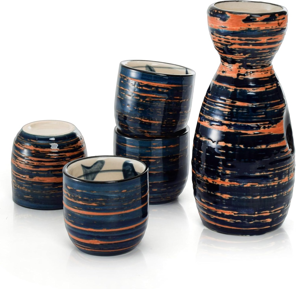 5 Pack Ceramic Sake Set, Japanese Style Saki Set with 1 Serving Carafe 4 Cups, 200 ml & 50 ml Traditional Hot Cold Wine Glasses, Soju Tea Drink Gift Set for Home, Restaurant (Blue, Sunset)
