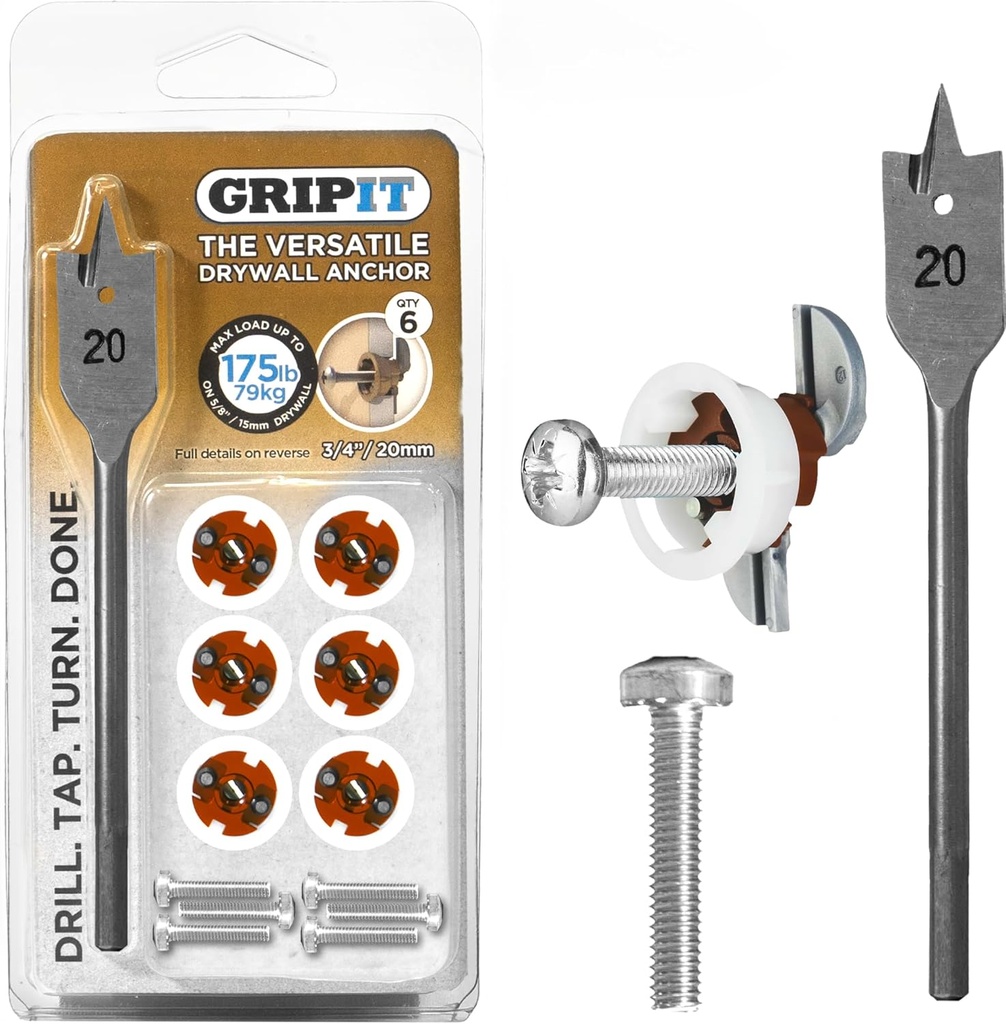 Gripit Brown Drywall Anchors (Up to 175Ibs/79kg) | Heavy Duty Drywall Anchors | Wall Anchors and Screws for Drywall | Anchors and Screws Kit | Plaster Wall Anchors | 3/4" Inch Drill Bit | Reusable