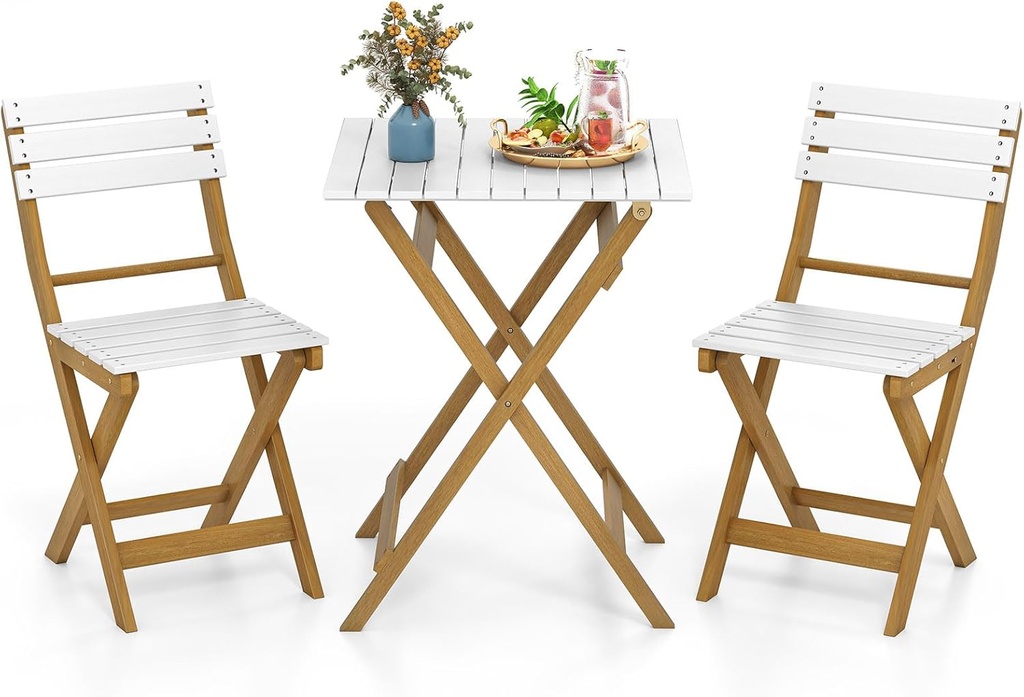 HAPPYGRILL 3-Piece Folding Patio Bistro Set, Acacia Wood Chairs and Square Table with Slatted Design, Small Outdoor Furniture Set for Backyard Garden Balcony Porch