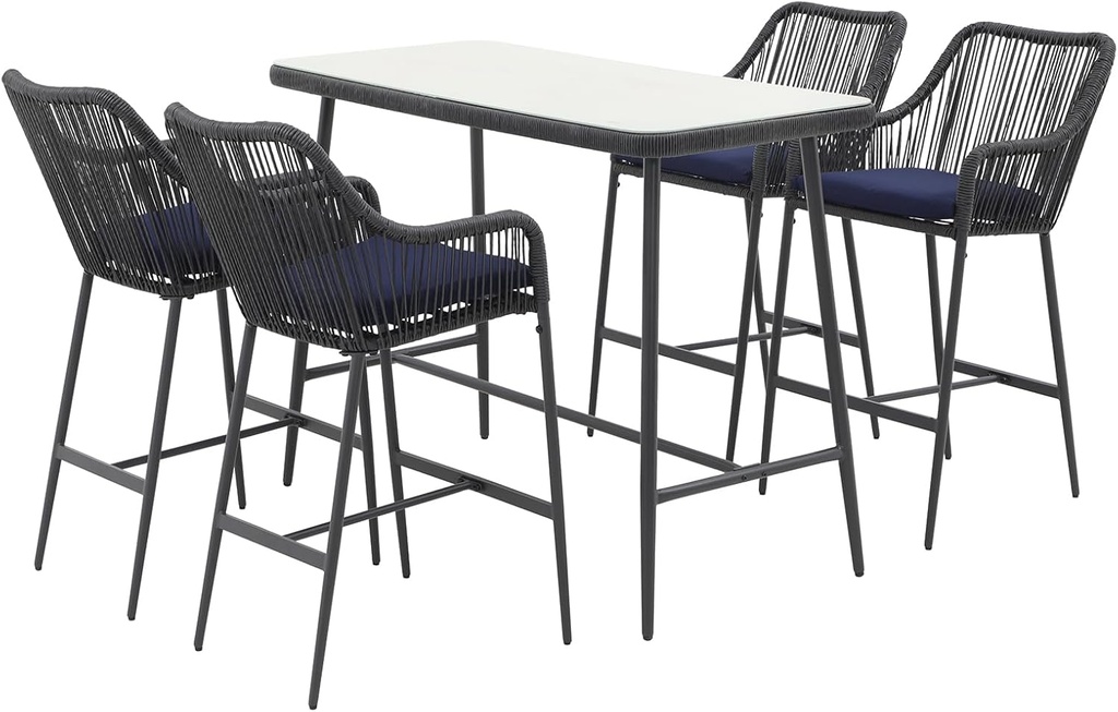 JOIVI 5-Piece Patio Bar Dining Set, Bar Height Outdoor Table and Chairs Set with 4 Bar Stools, Cushions & 41" Table for Patio, Poolside, Backyard, Bar Table Set, Tempered Glass Tabletop, Blue