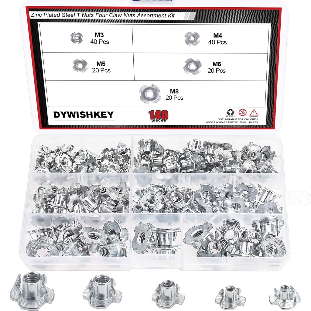 DYWISHKEY 140 Pieces M3 M4 M5 M6 M8 Carbon Steel T-Nuts Four Claws Nut Assortment Kit for Wood, Rock Climbing Holds, Cabinetry, Furniture