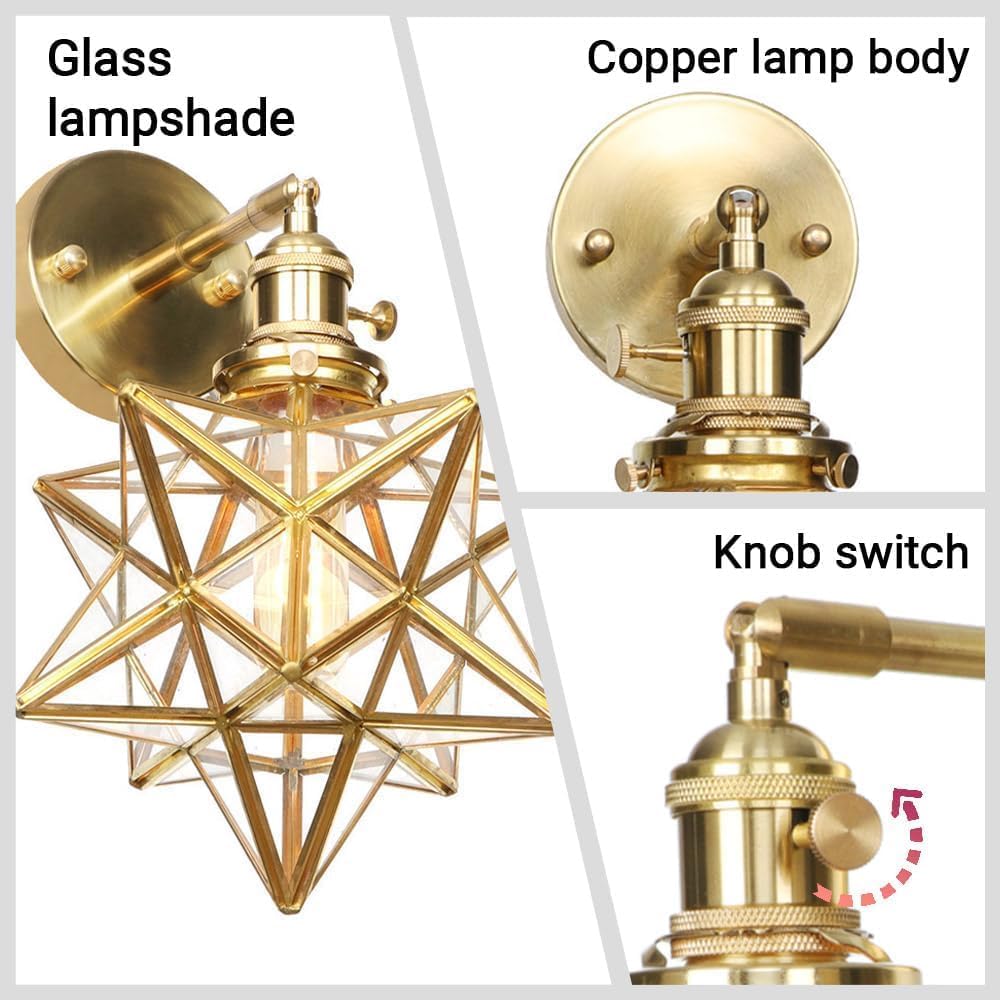 Moravian Style All Copper Star Wall Sconce Simple Bedroom Bar Balcony Wall Mounted Lamp Creative Personality Cafe Club Corridor Wall Sconce Wall Fixture with Clear Glass Shade E27