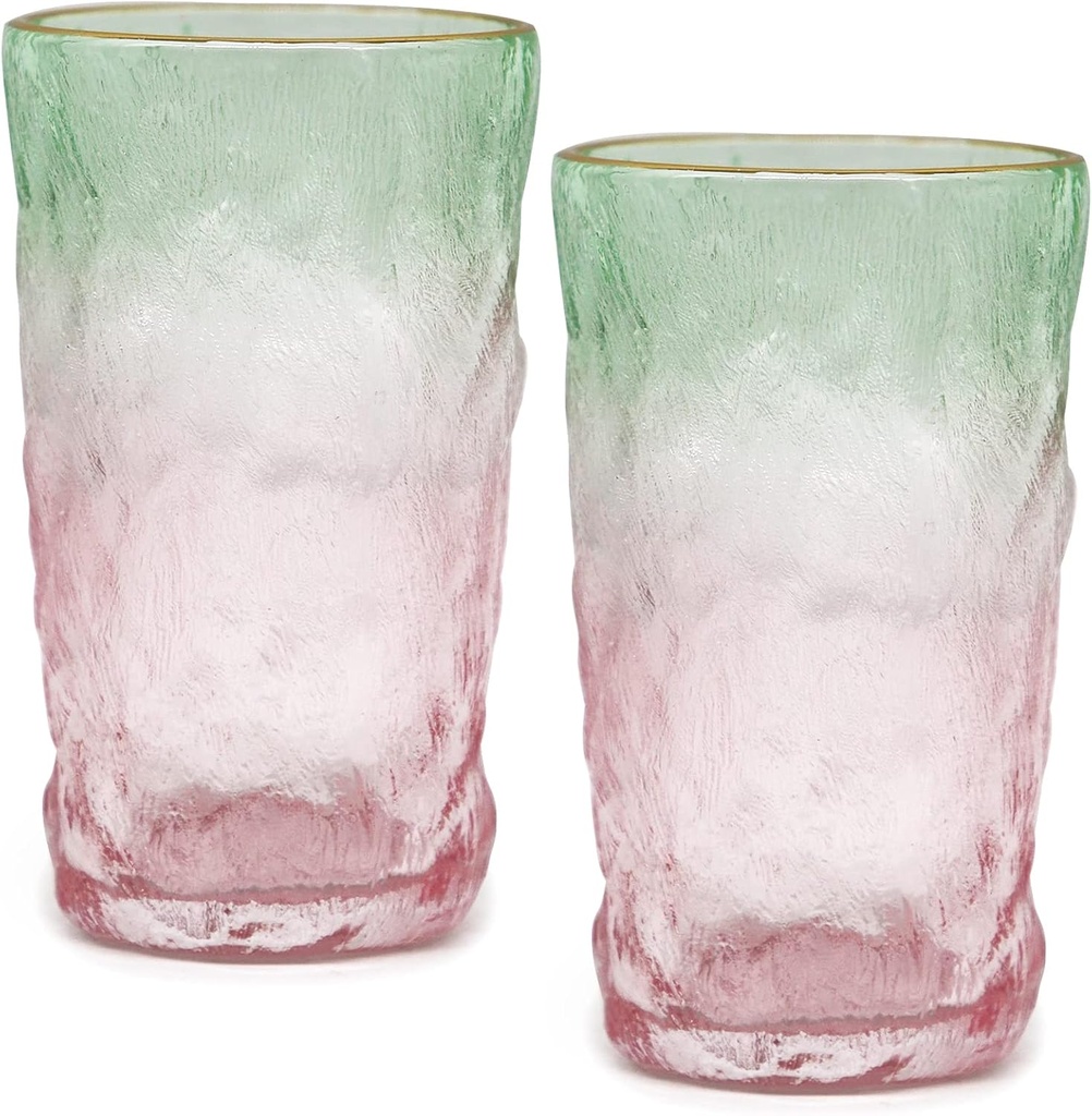TOSSOW Drinking Glasses, Glassware Sets of 2, Mixed Drinking Glacier Pattern 12 oz Glass Cups Decoration for Wine, Beer, Juice, Mojito and Cocktail(Pink+Green)