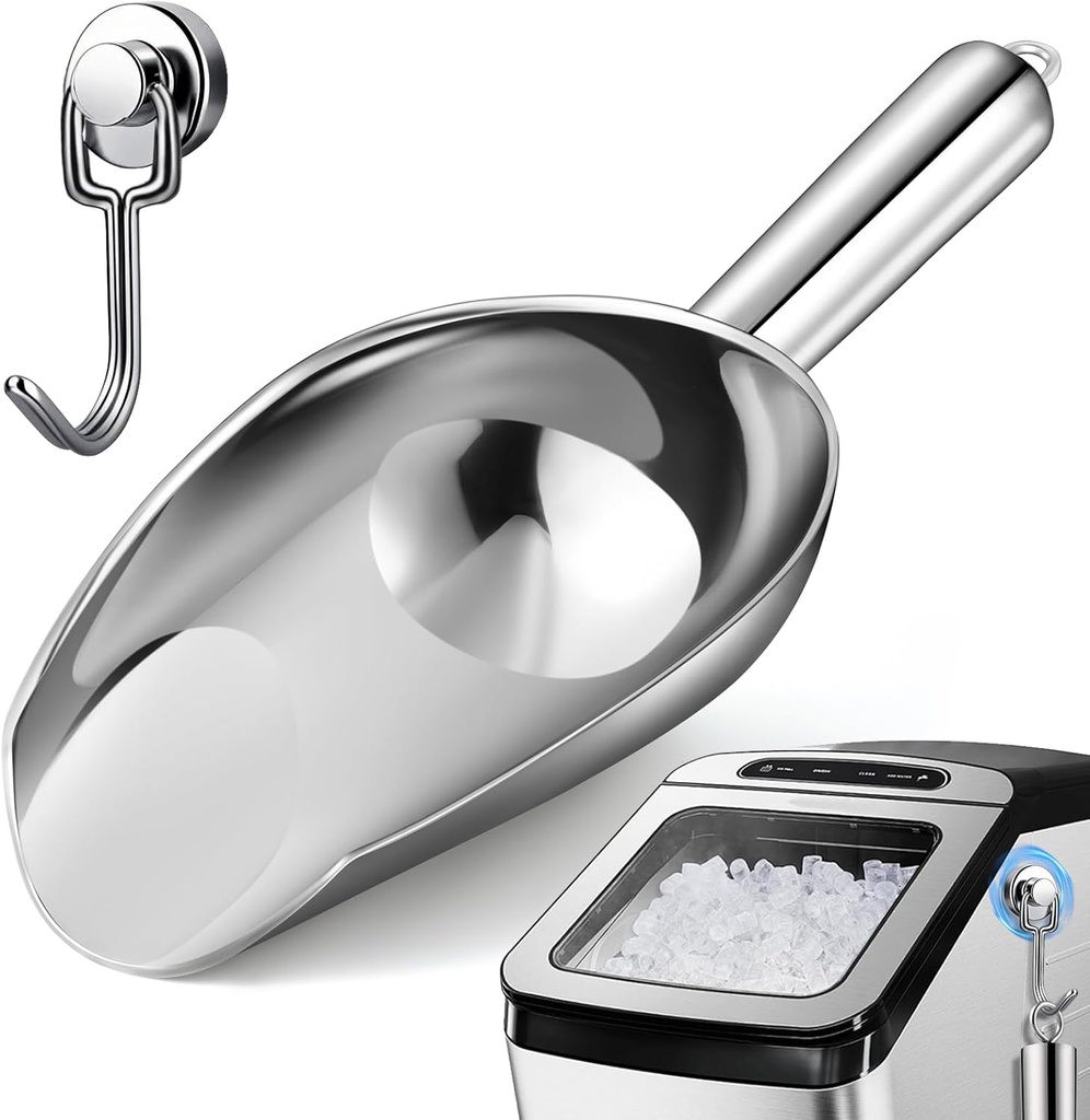 12oz Stainless Steel Ice Scoop for Freezer with Magnetic Hook– Dishwasher Safe Ice Scooper for Ice Machine with Long Handle – Metal Scoop for Ice Bucket, Dog Food, Flour, Canisters