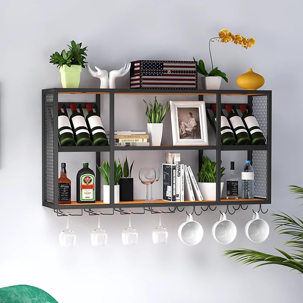 Metal Wall Mounted Wine Rack,Champagne Wine Glass Holder Rack,Modern Iron Wall Wine Display Storage Racks,Floating Shelves Upside Hanging Goblet,for Liquor Bottles,Kitchen,Bar,Wine Cellar(Si