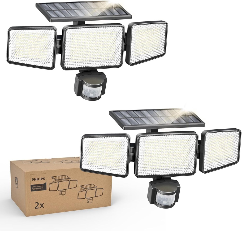 Philips Solar Security Light Outdoor 302 LED 1200lm，Solar-Powered Waterproof Wall-Mounted Flood Light w/PIR Motion Sensor, 3 Heads, IP65 Waterproof, 3 Modes (2 Packs)