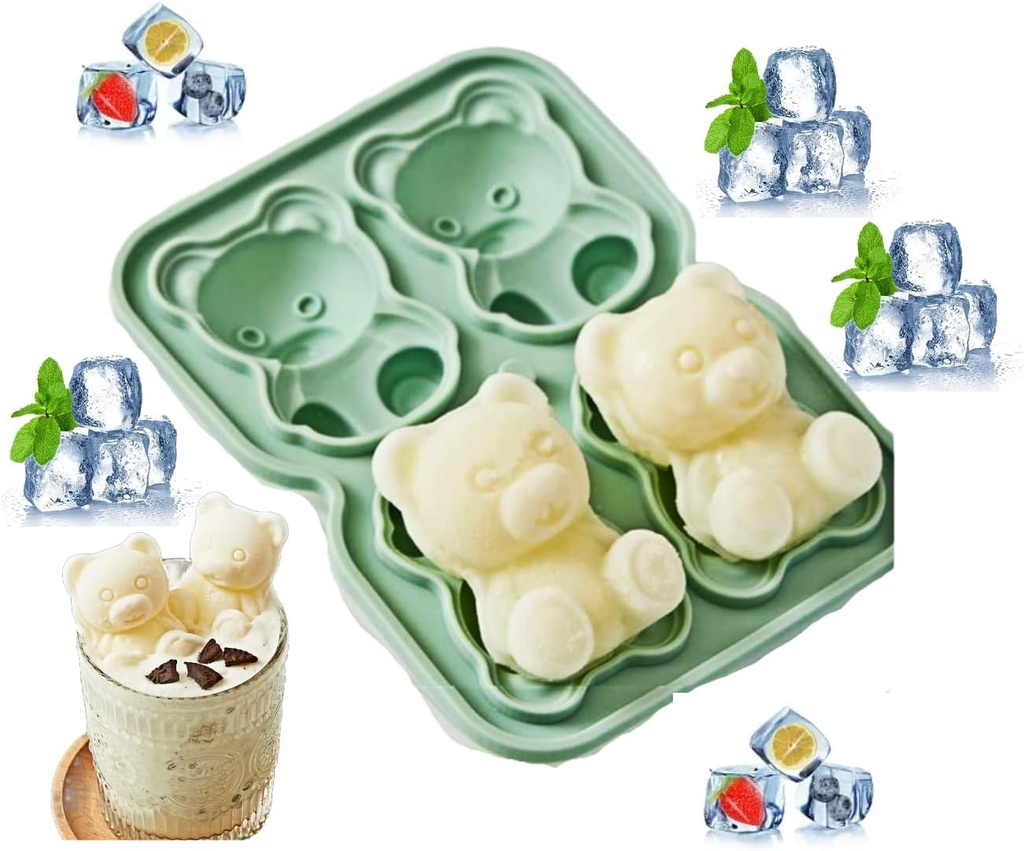 3D Bear Mold for Kids,Ice Cream Molds Reusable Easy Release DIY Ice Cube Molds, Cute Cartoon Ice Cube Maker for Whiskey (Green Bear Silicone Mold)