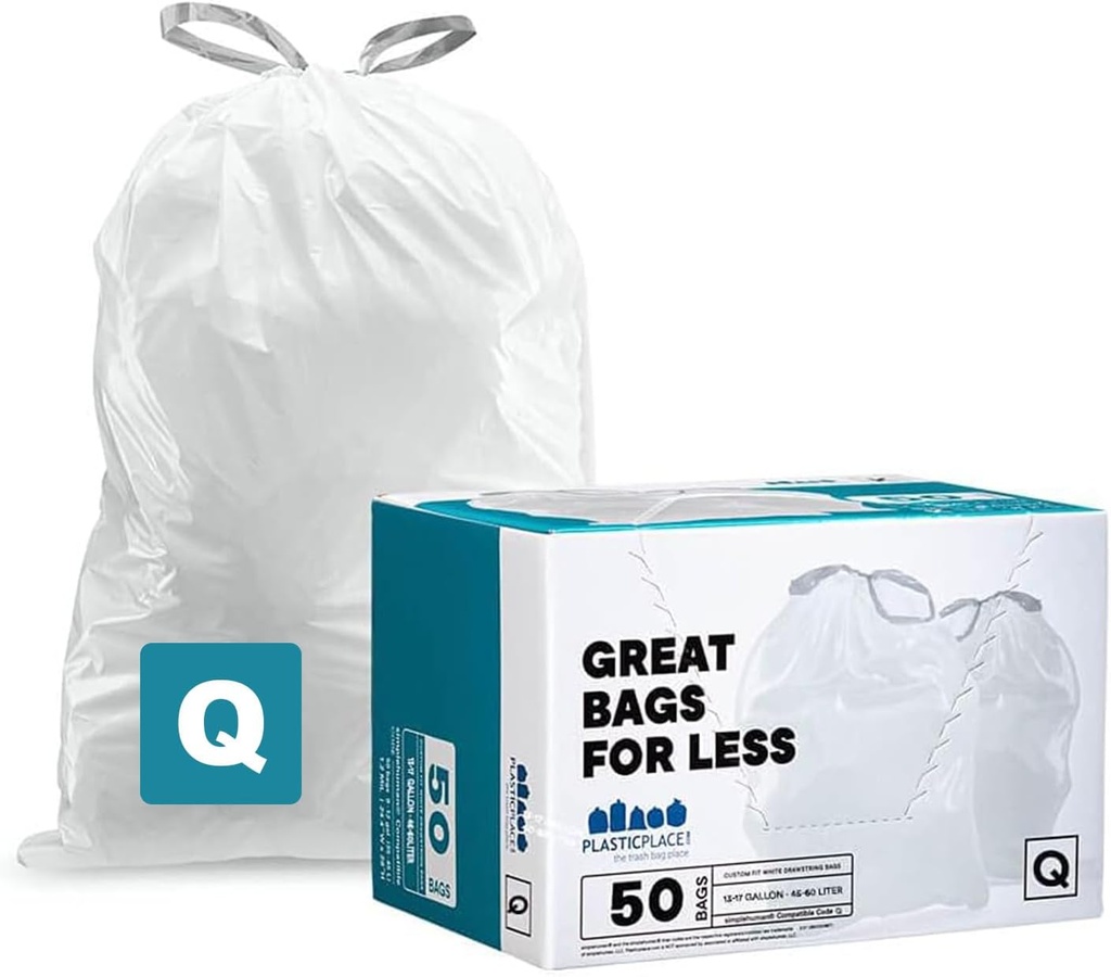 Plasticplace Custom Fit Trash Bags, Compatible with Simplehuman Code Q (50 Count), 13-17 Gallon Drawstring Garbage Liners, Heavy Duty Tear-Resistant