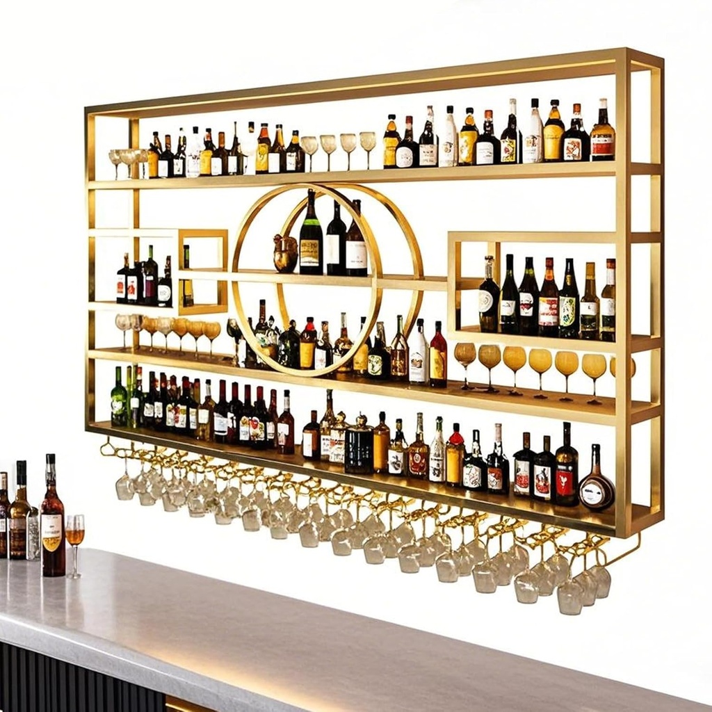 55.1in Wall Mounted Wine Rack, Modern Industrial Hanging Liquor Bottles Shelves with Wine Glass Holder, Metal Floating Wine Storage Display Shelf, for Bar, Wine Cellar, Coffee (GOL