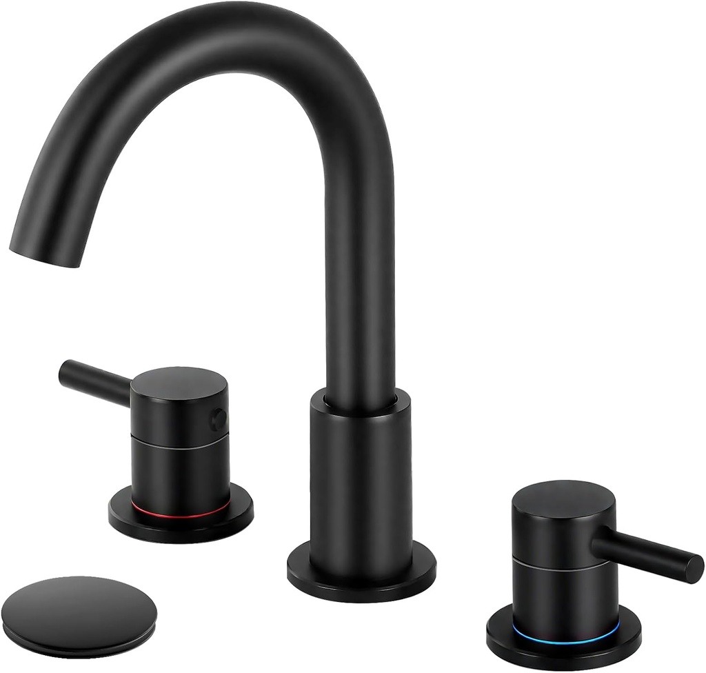Black Bathroom Faucet 3 Hole with Pop UP Drain Rv Bathroom Sink Faucet Widespread 360°Swivel Two Handles Stainless Steel