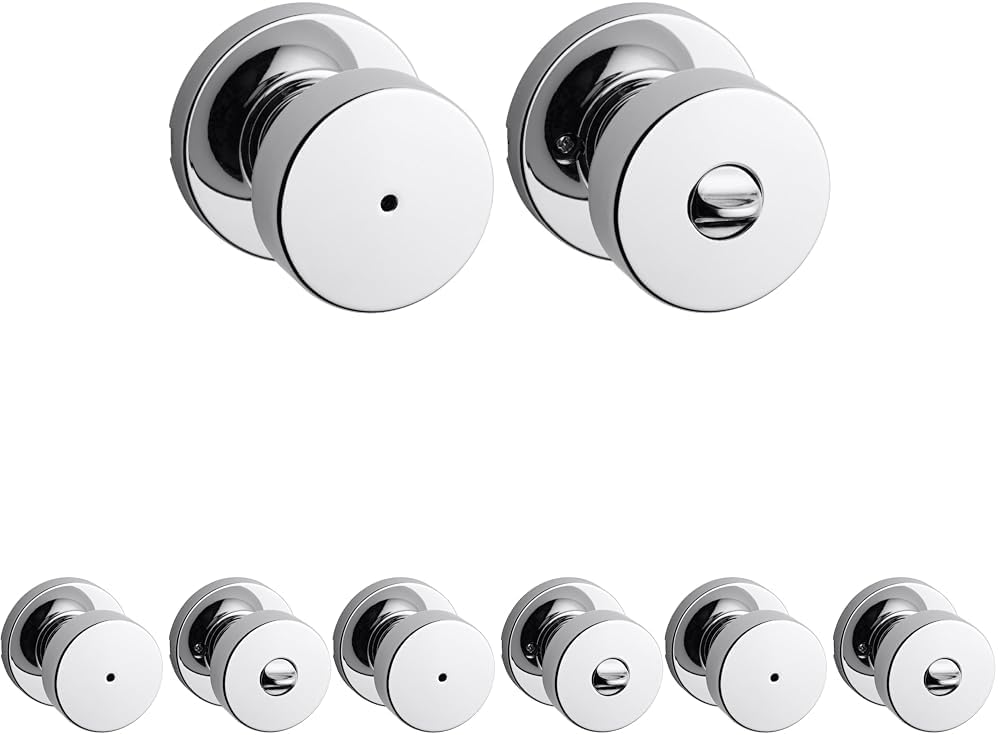 Kwikset Pismo Interior Privacy Door Knob with Lock, Door Handle for Bathroom and Bedroom, Polished Chrome Keyless Turn Lock Doorknob (Pack of 4)