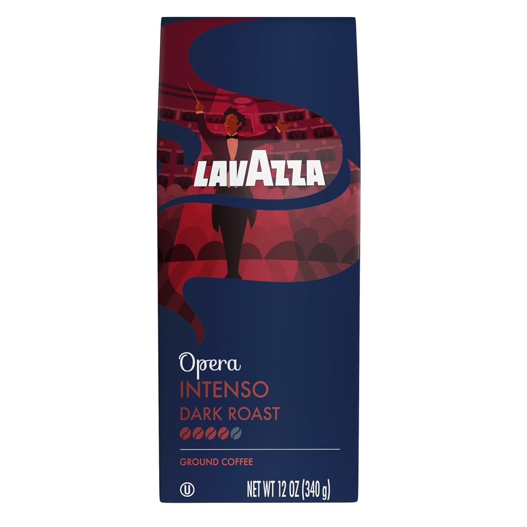 Lavazza Opera Intenso Ground Coffee 12oz Bag, Dark Roast, Bold and Balanced Taste, Intensity 4/5, Arabica and Robusta, Ideal for Drip Brewers, (Pack of 1) - Package May Vary