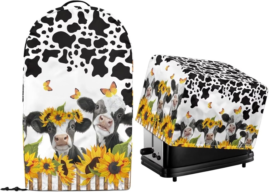 2 Pcs Kitchen Small Appliance Dust Cover with Drawstring Hem Sunflower Farm Cow Print Stand Mixer Blender and Toaster Oven Bread Maker Machine Covers