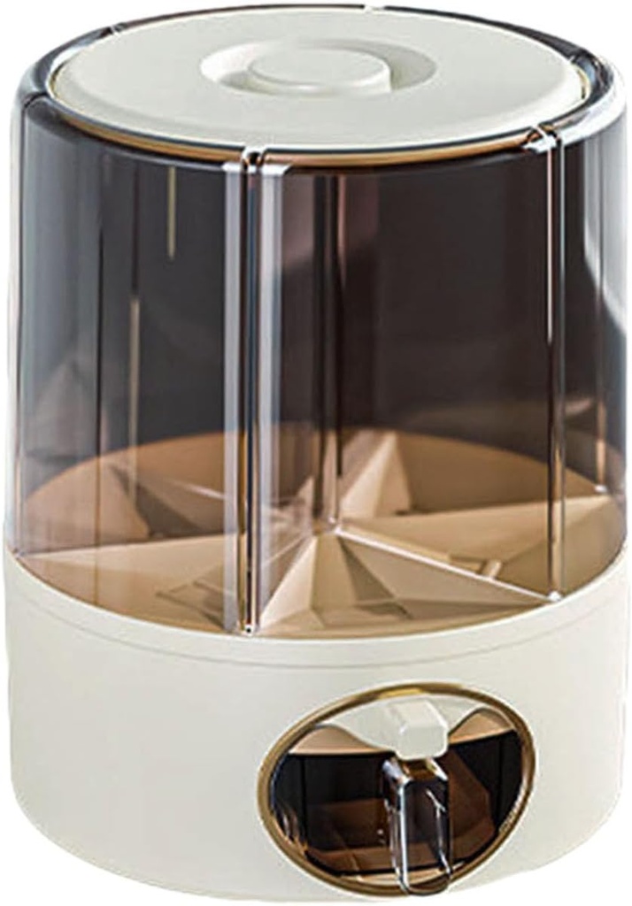 Rotating Grain Storage Bin, 6 Grids Rice Container Kitchen Sealed Moisture Proof Organizer Bucket, Rotatable One-Click Output Large Capacity Food Dispenser for Rices Grains or Pet Food (White-13lbs)