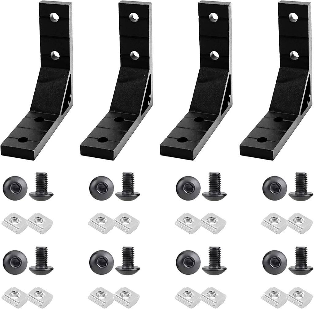 4Set Black 1010 Aluminum Extrusion Profile Connection Hardware,Includes 1pcs Wrench, 4pcs 78x78mm Heavy Duty L Bracket, 16pcs M6 T Slot Nuts and Bolts for 1010 Extruded Aluminum Rail Accessories