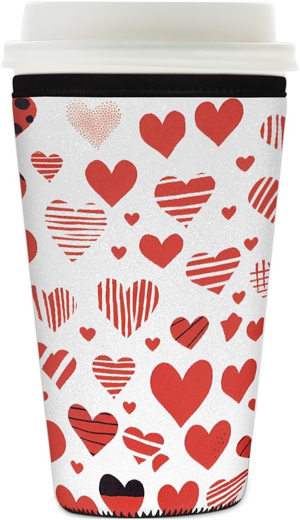 Abstract Art Love Heart Pattern Reusable Iced Coffee Sleeve Neoprene Insulated Drink Holder, Washable Anti-Slip Cold Cup Sleeve for Tumblers Bottles Glasses 26-28oz