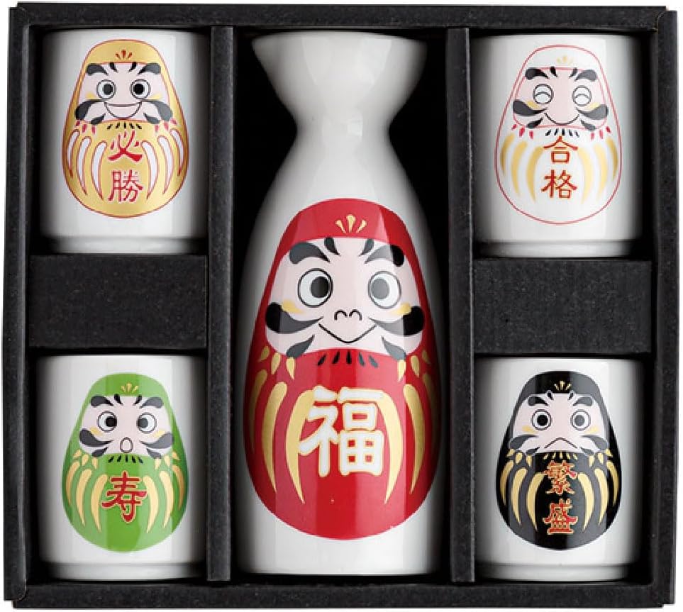 Japanese Sake Wine Soju Porcelain Set with 4 Ochoko Cups and Tokkuri Bottle Gifts (Daruma Set)