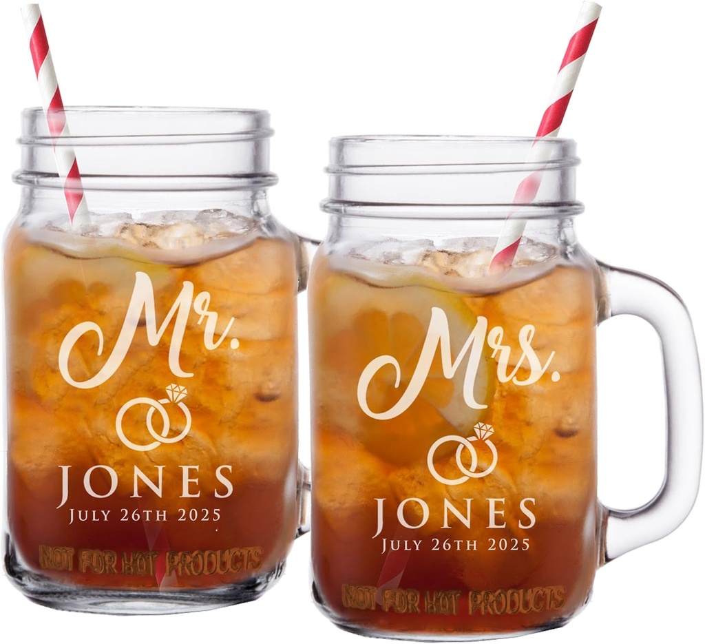 Mr and Mrs Mason Jar Glasses for Couples - Personalized Engraved Wedding - Custom Monogrammed - Set of 2