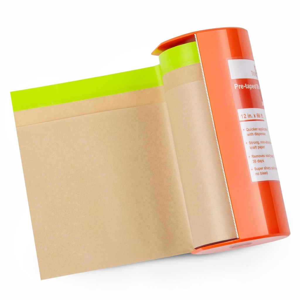 Pre-Taped Masking Paper with Dispenser - 12" x 66' Painters Paper and Tape for Painting House, Auto Body, Cars