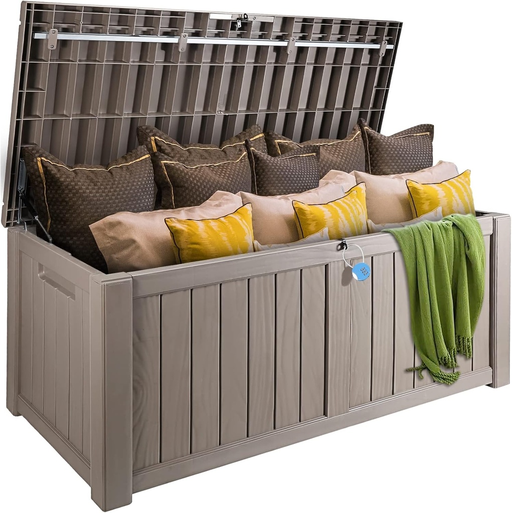 VEVOR Deck Box, 120 Gallon Outdoor Storage Box, 56.3" x 26.6" x 23.8", Waterproof PP Deckbox with Aluminum Alloy Padlock, for Patio Furniture,Garden Tools, Outdoor Cushions, Gray