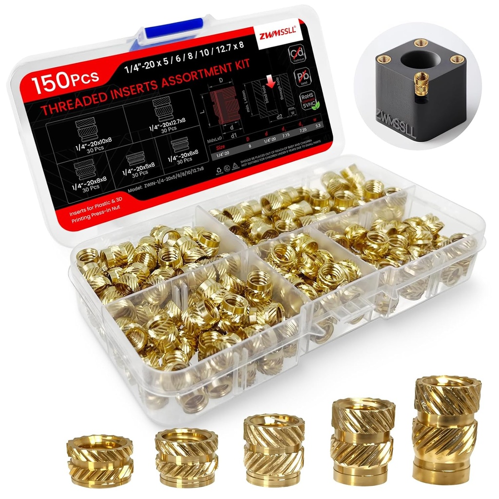 1/4"-20x5/6/8/10/12.7x8 Threaded Inserts-150 Pieces Assortment Box-Heat-Set Insert Brass Knurled Nuts for 3D Printing Components and Plastic Parts