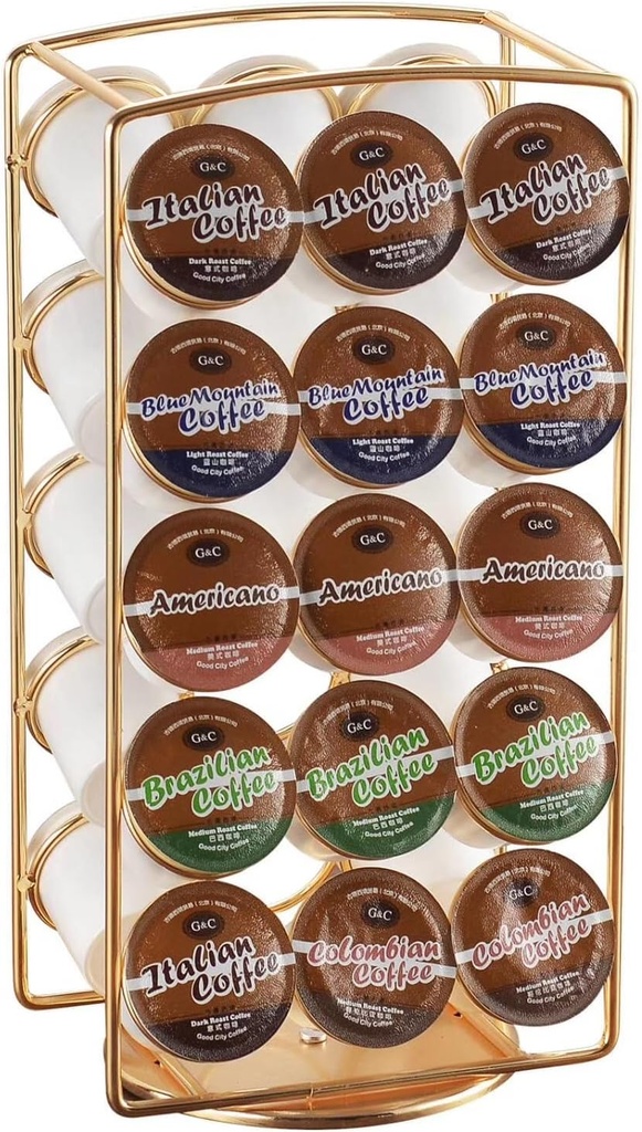 Alessia Cara Tabletop K Cup Holder, Coffee Pod Stand Holder, K-Cups Capsule Storage Rack for 30 pods, 360 degrees rotatable, No Assembly Required, Gold