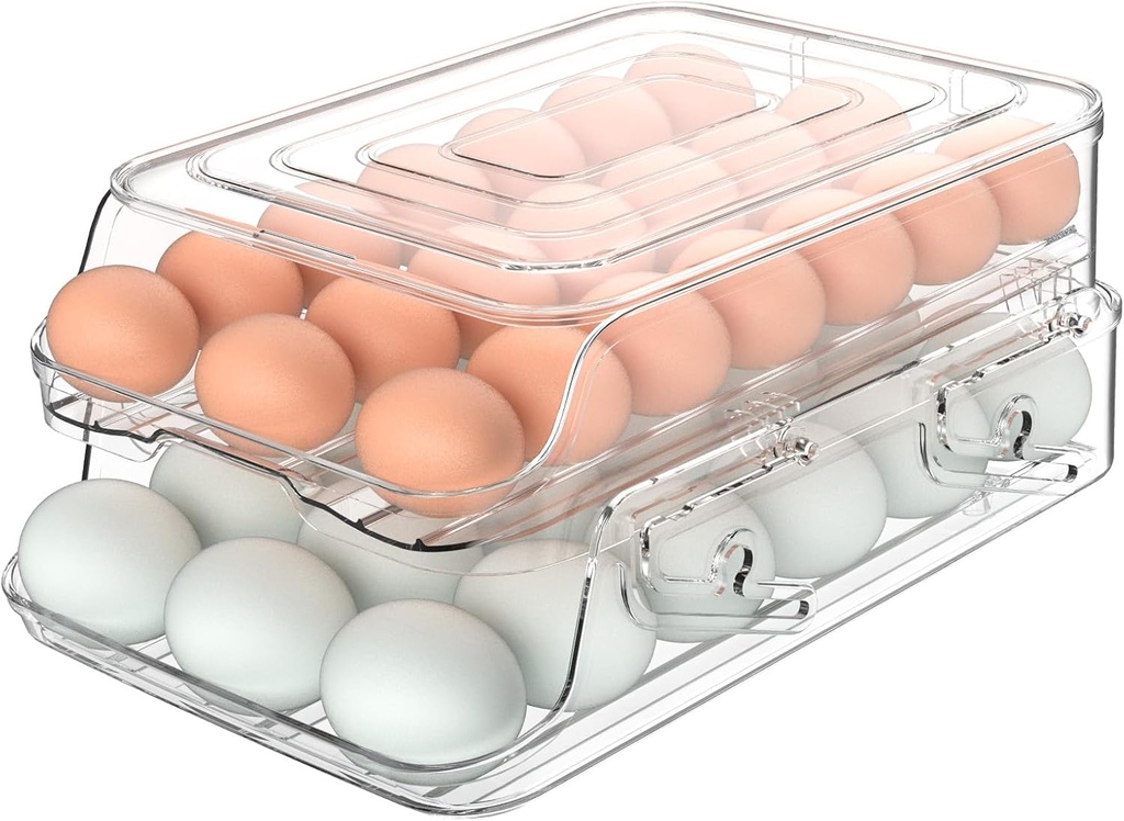Egg Holder for Fridge, Foldable Automatic Rolling Egg Container for Refrigerator, Stackable Large-Capacity Egg Organizer Tray, Durable Clear Plastic Dispenser (3 dozens)