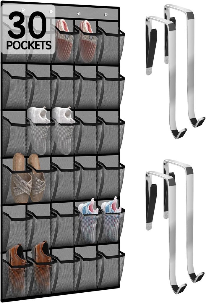 Over the Door Shoe Organizer with 30 Breathable Mesh Pockets - Large Capacity Closet Storage for Men & Women, Hanging Shoe Rack Organizer -Gray