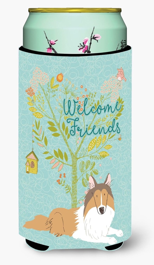 Caroline's Treasures BB7584TBC Welcome Friends Collie Tall Boy Hugger Can Cooler Sleeve Hugger Machine Washable Drink Sleeve Hugger Collapsible Insulator Beverage Insulated Holder