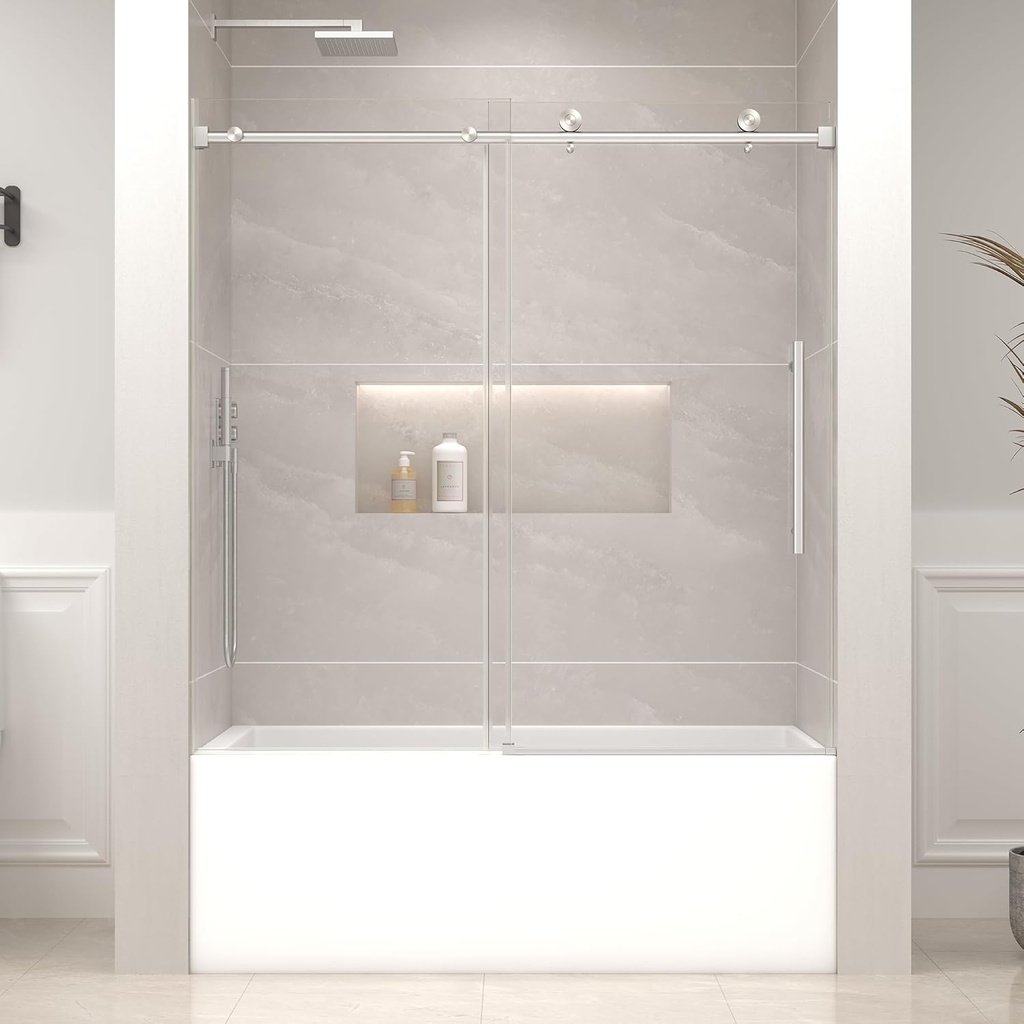 Bathtub Shower Door Frameless, 55-60" W x 60" H Sliding Tub Shower Door, 1/4''(6mm) SGCC Tempered Glass with Explosion-Proof Film Nano Coating, Stainless Steel Hardware, Brushed Nickel